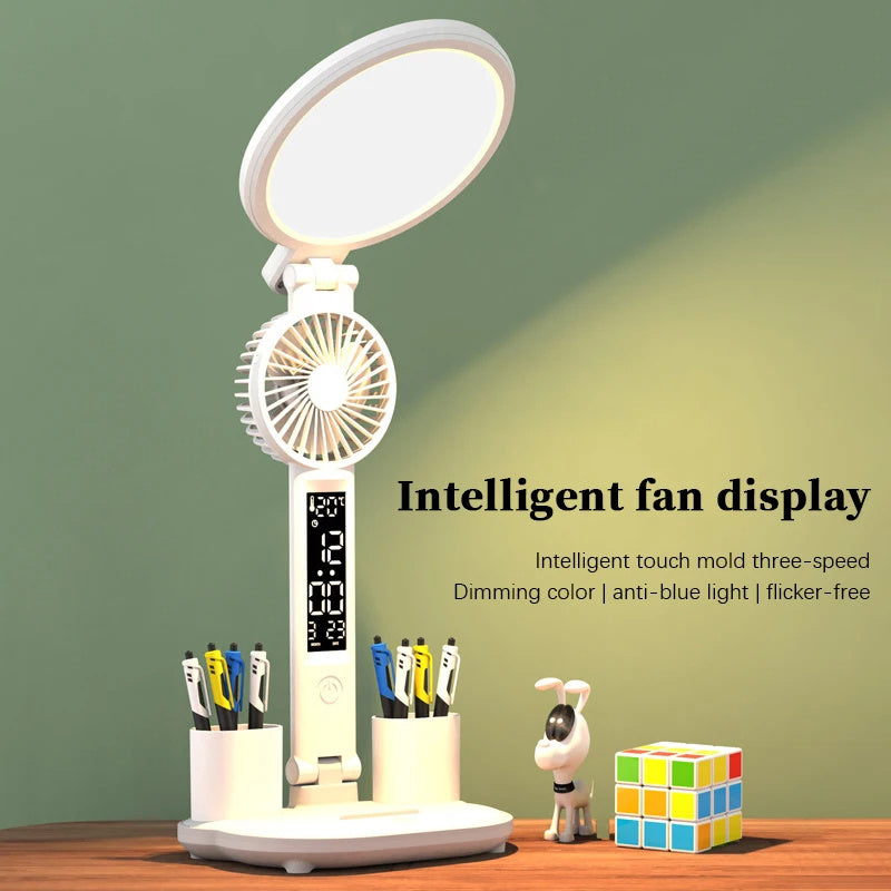 LED Clock Table Lamp USB Chargeable Dimmable Desk Lamp Plug-in LED Fan Light Foldable Eye Protection Reading Night Light™