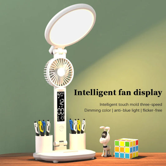 LED Clock Table Lamp USB Chargeable Dimmable Desk Lamp Plug-in LED Fan Light Foldable Eye Protection Reading Night Light™